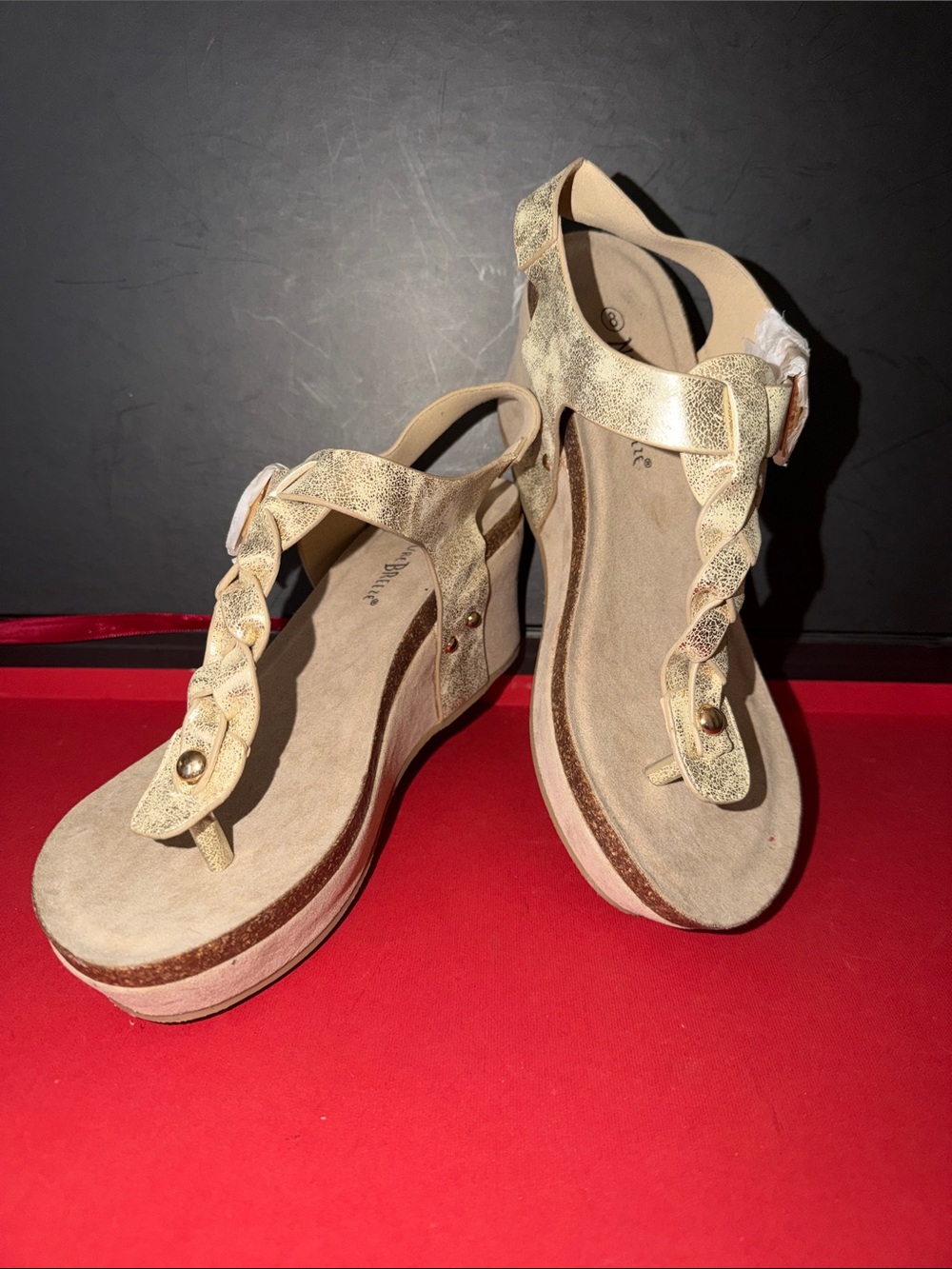 Natural Breeze NWOB Gold Braided T-Strap Wedge Sandals